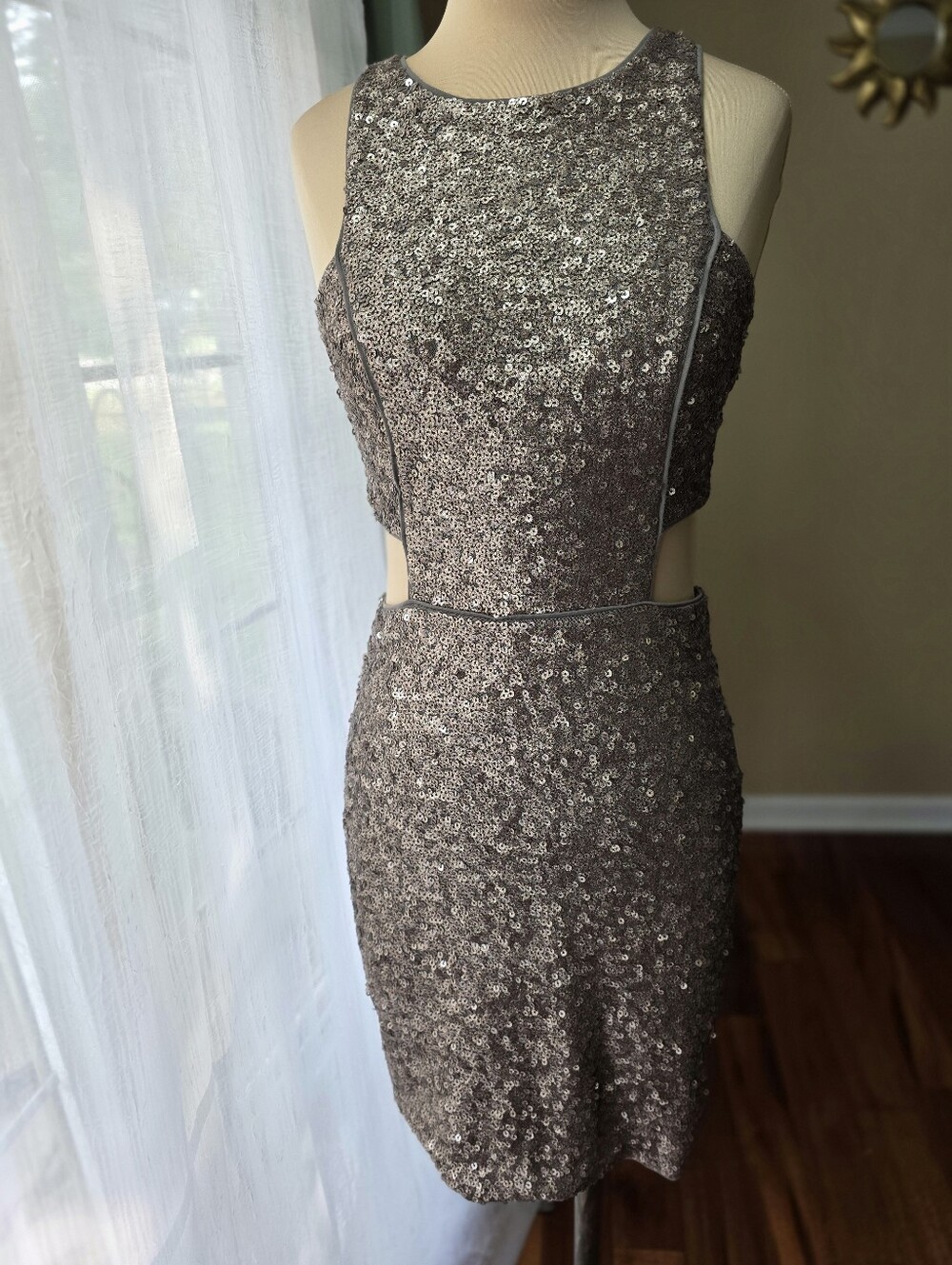 Sequin Cutout Bodycon Mini Dress Metallic Taupe Party Cocktail Express Size 6